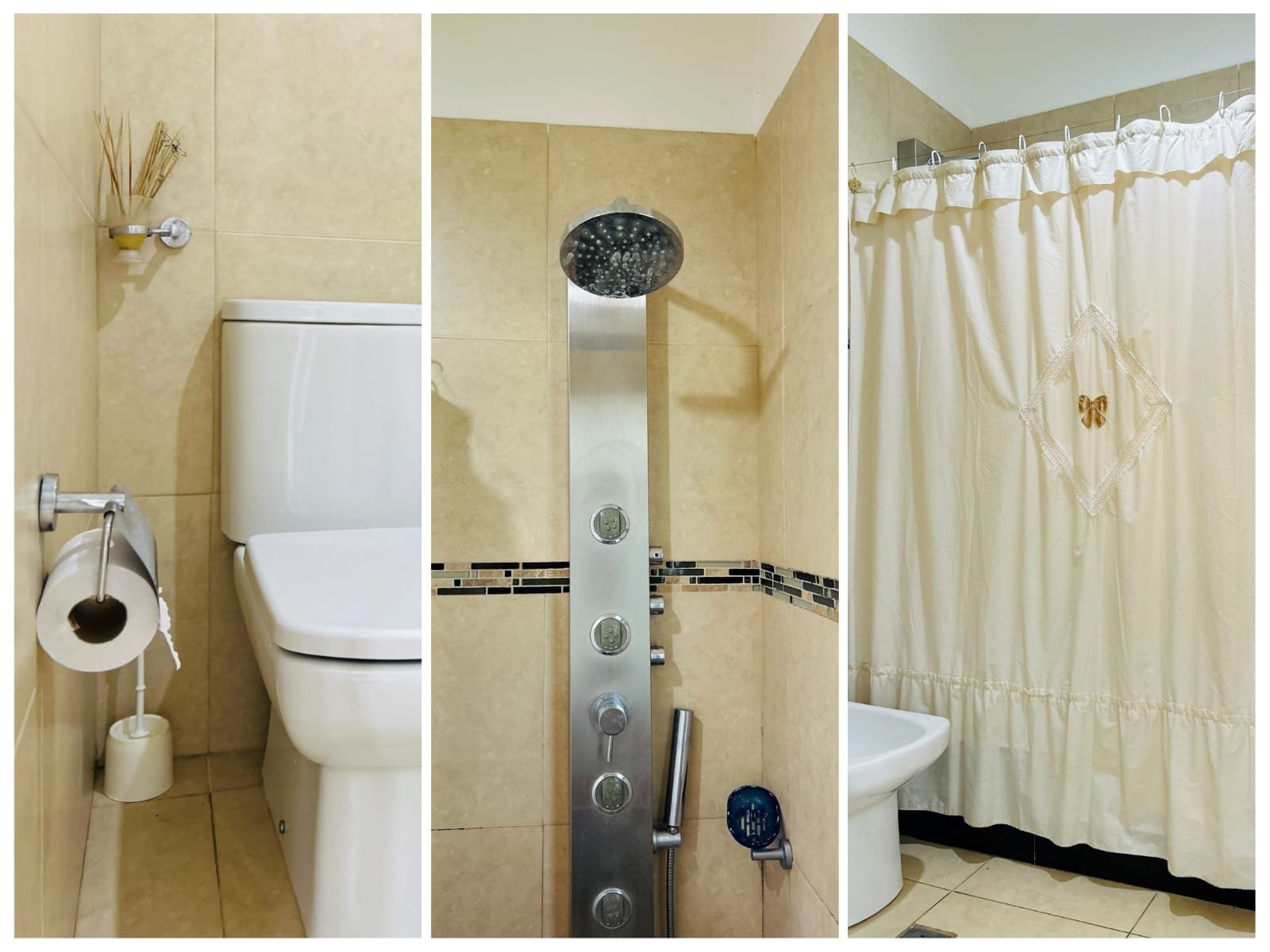 Baño completo y equipado en cabañas La Esquina de la Flor